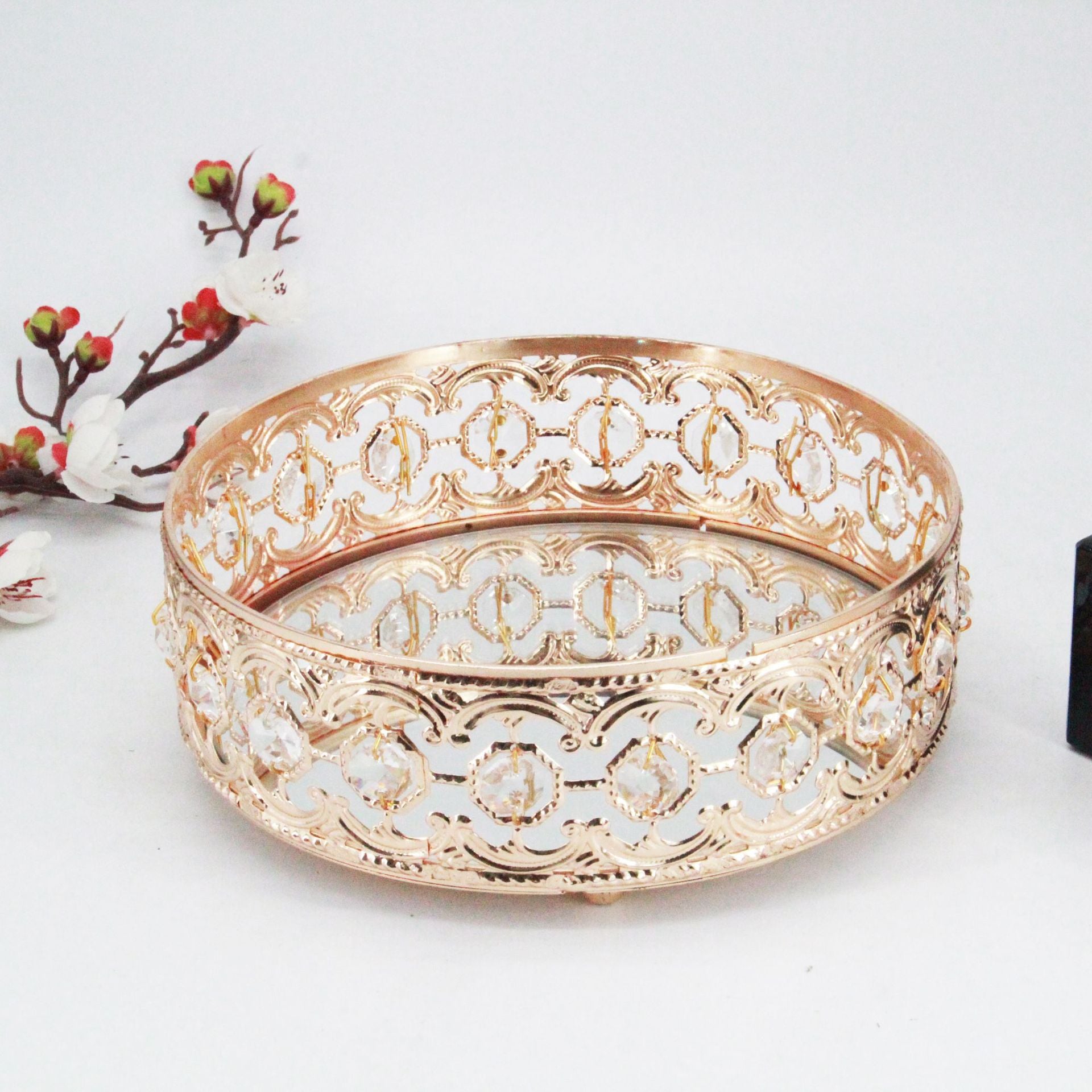 Round  Metal Glass Mirror Tray